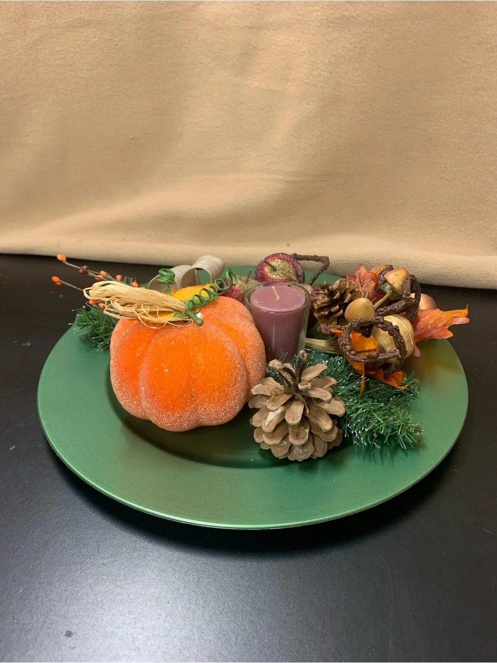 Harvest Pumpkin Candle Centerpiece in Orange and Green